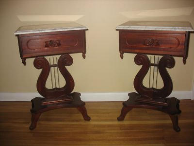 Antique Tables  Sale on Victorian Lyre Harp Base End Tables Marble Tops Completed